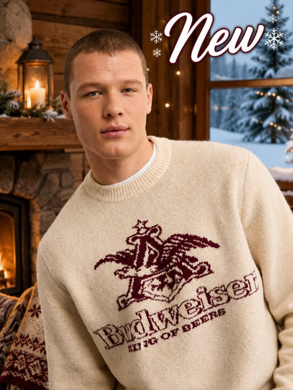NEW!!! AMERICAN EAGLE CREAM COZY CABIN BUDWEISER GRAPHIC SWEATER - SIZE XL